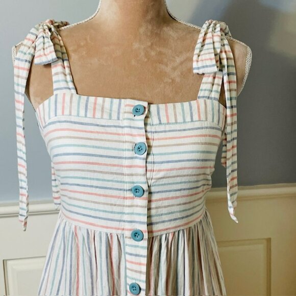 Gal Meets Glam Linen Shoulder Bow Tie Midi Sundress Striped Coastal 2 - Picture 4 of 10